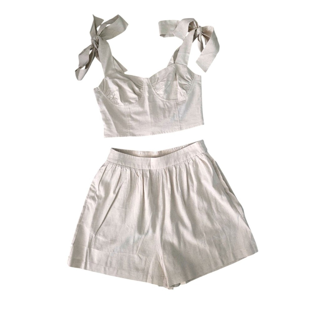 Commense Beige Linen Blend Tie Strap Bustier Shorts Set Summer Resortwear Medium